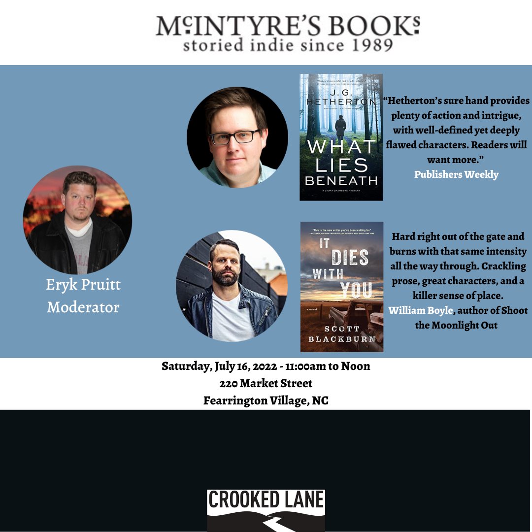 #SaturdayMorning <a href="/mcibooks/">McIntyre's Books</a> #BookTwitter 
<a href="/reverenderyk/">Eryk Pruitt</a> <a href="/JGHetherton/">J.G. Hetherton</a> <a href="/ScottMBlackburn/">Scott Blackburn</a> 
#booklove <a href="/PublishersWkly/">Publishers Weekly</a> <a href="/wmboyle4/">William Boyle</a> 

Info:  &gt; bit.ly/3uRT6lT <a href="/crookedlanebks/">Crooked Lane Books</a> #NewReleases