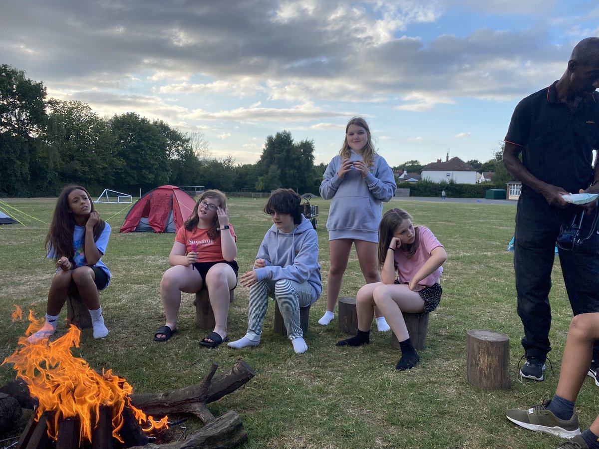 Year 6 camping on the school field - fish and chips eaten, marshmallows toasted, enough snacks to open our own shop. Great fun being had by all #willwegetanysleeptonight #nochance