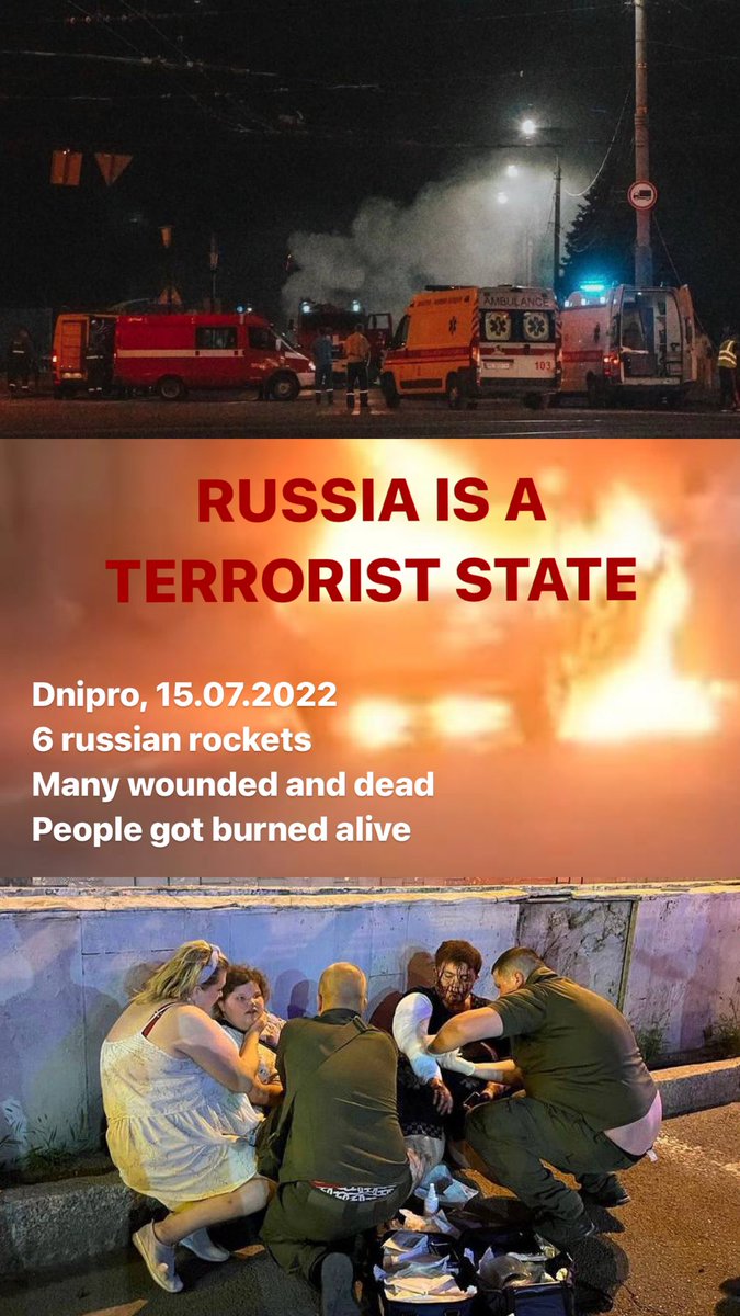 Dnipro, 15.07.2022
6 russian rockets 
Many wounded and dead
People got burned alive

#RussiaIsATerroristState