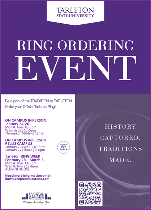 TarletonMidlo's tweet photo. If you are wanting to order your Tarleton ring Jostens will be at the Stephenville campus July 18-19 from 10 AM - 3 PM in the Thompson Student Center !💍 #tarletonstate https://t.co/uNk1pERvnt