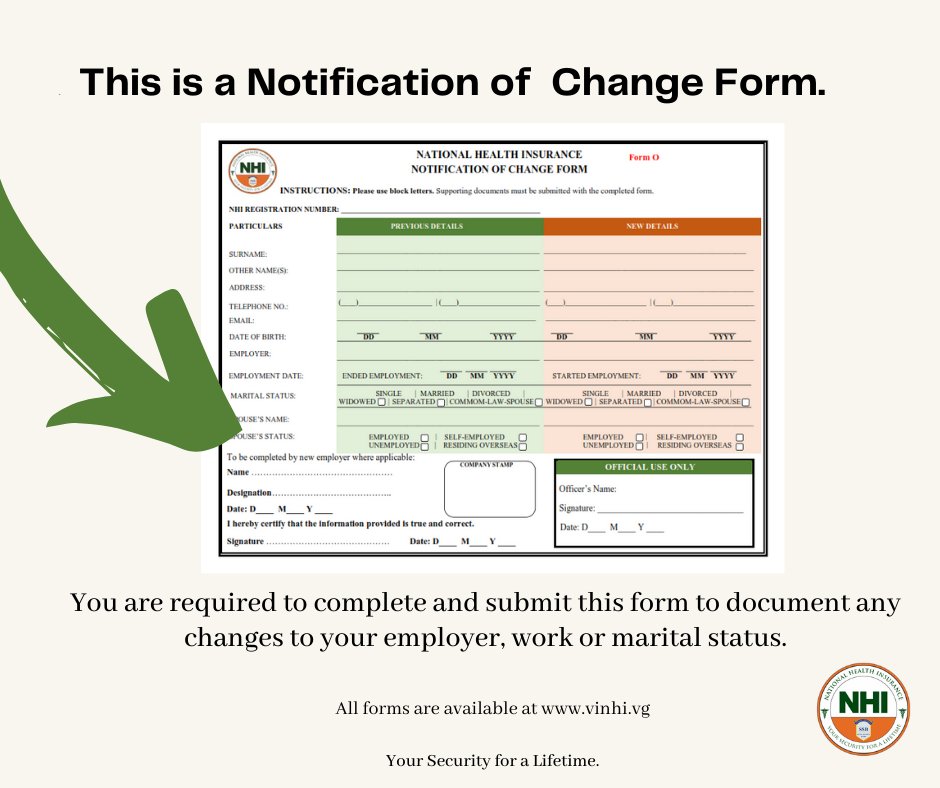 BVINHI's tweet photo. Got a new job? Need to change your contributor status? Complete and Submit a 'Notification of Change Form', to avoid any interruptions to your coverage. #bvinhi #YourSecurityforaLifetime https://t.co/Z7YWwIpV75
