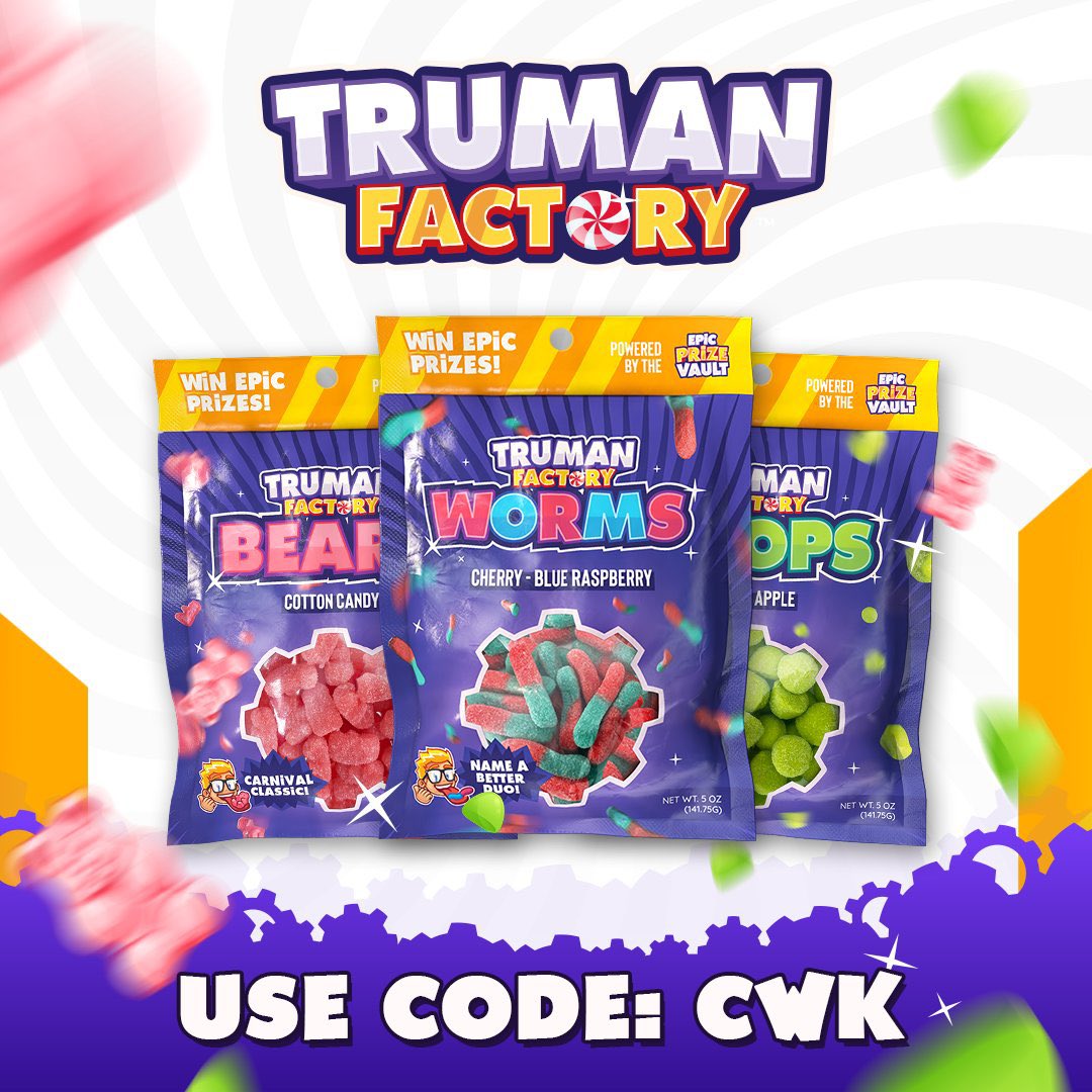 So proud to finally announce our partnership with <a href="/Truman_Factory/">The Truman Factory</a> !!!

Use code: cwk for 10% off everything on the site!!😱🍫
Not only is their candy AMAZING, but with every purchase you get a chance to win something crazy from The Prize Vault! 
Use link;
bit.ly/3ceqLQ6