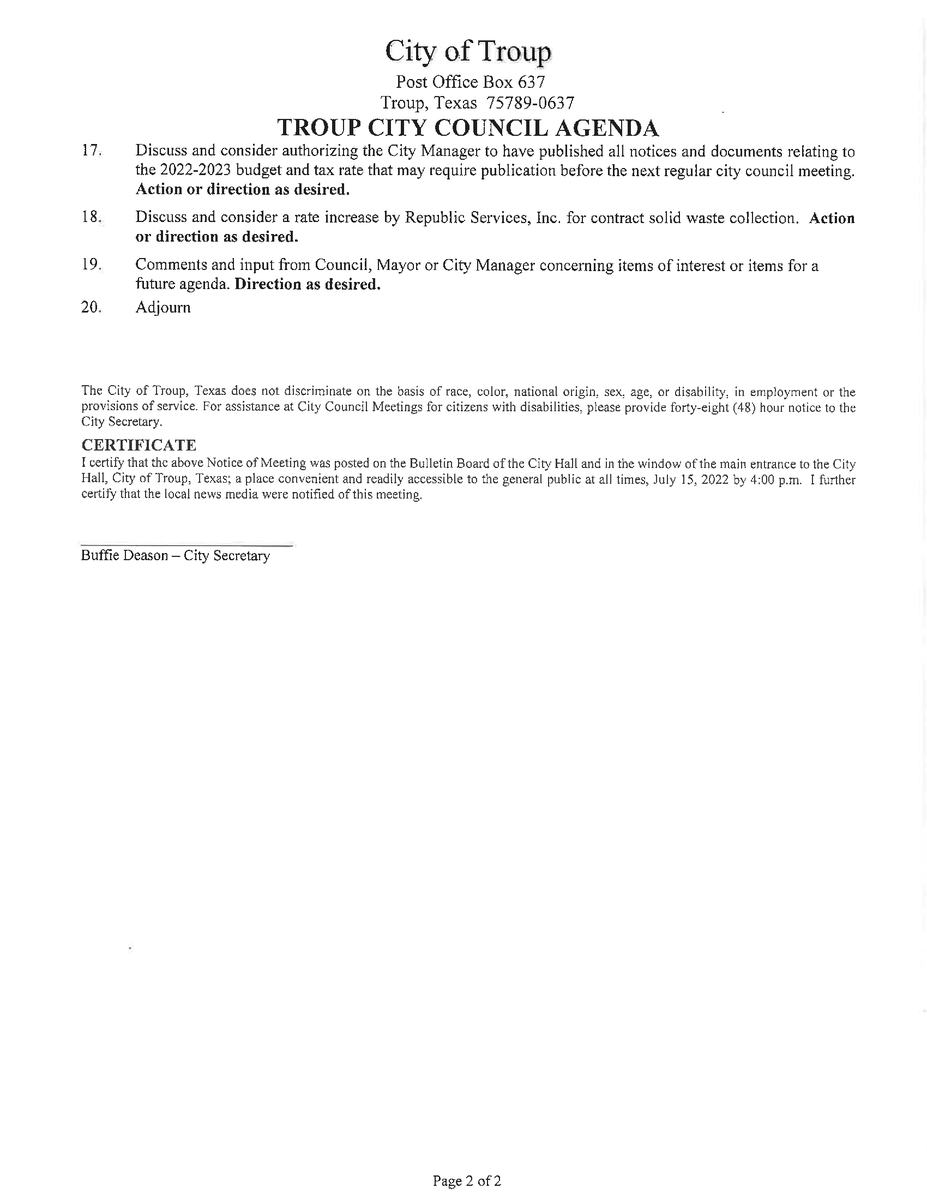 TroupTexas's tweet photo. There will be a Regular Meeting of the Troup City Council Monday, July 18, 2022 at 6:30 p.m. at the Cameron-J.Jarvis Troup Municipal Library.  
Follow this link to have access to the electronic Council Agenda packet: https://t.co/GYN37w853K https://t.co/qotA32bzyh