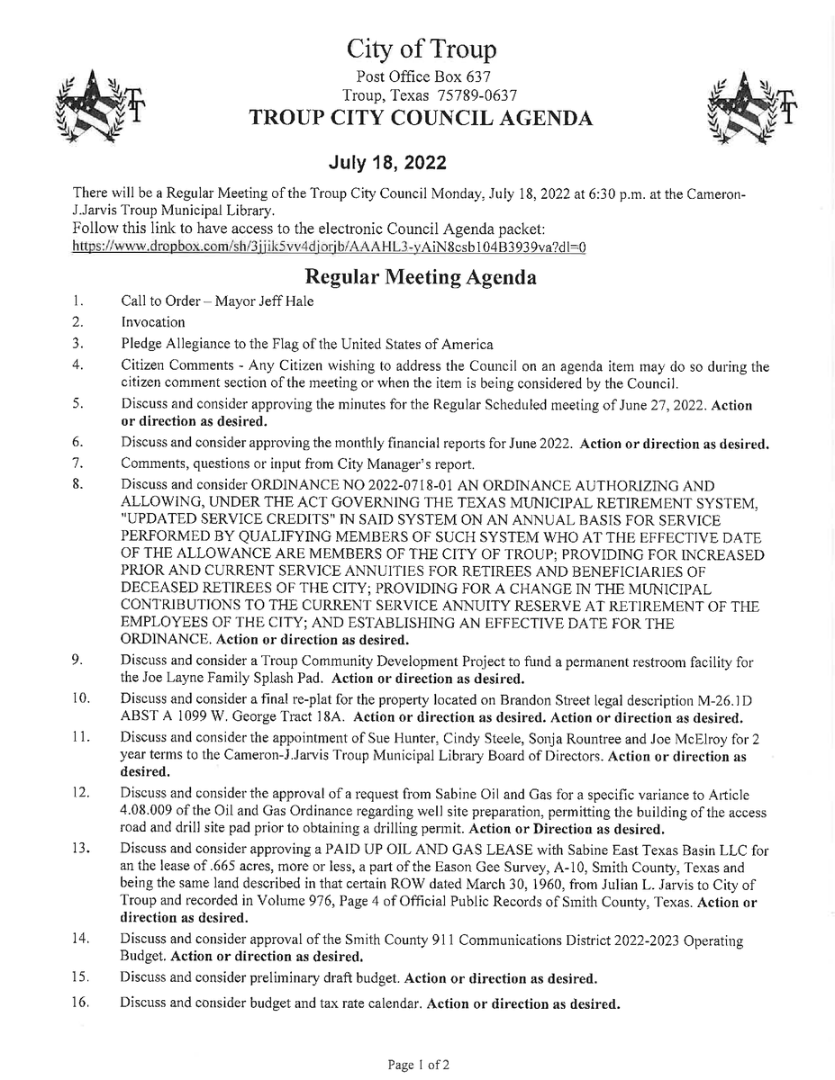TroupTexas's tweet photo. There will be a Regular Meeting of the Troup City Council Monday, July 18, 2022 at 6:30 p.m. at the Cameron-J.Jarvis Troup Municipal Library.  
Follow this link to have access to the electronic Council Agenda packet: https://t.co/GYN37w853K https://t.co/qotA32bzyh