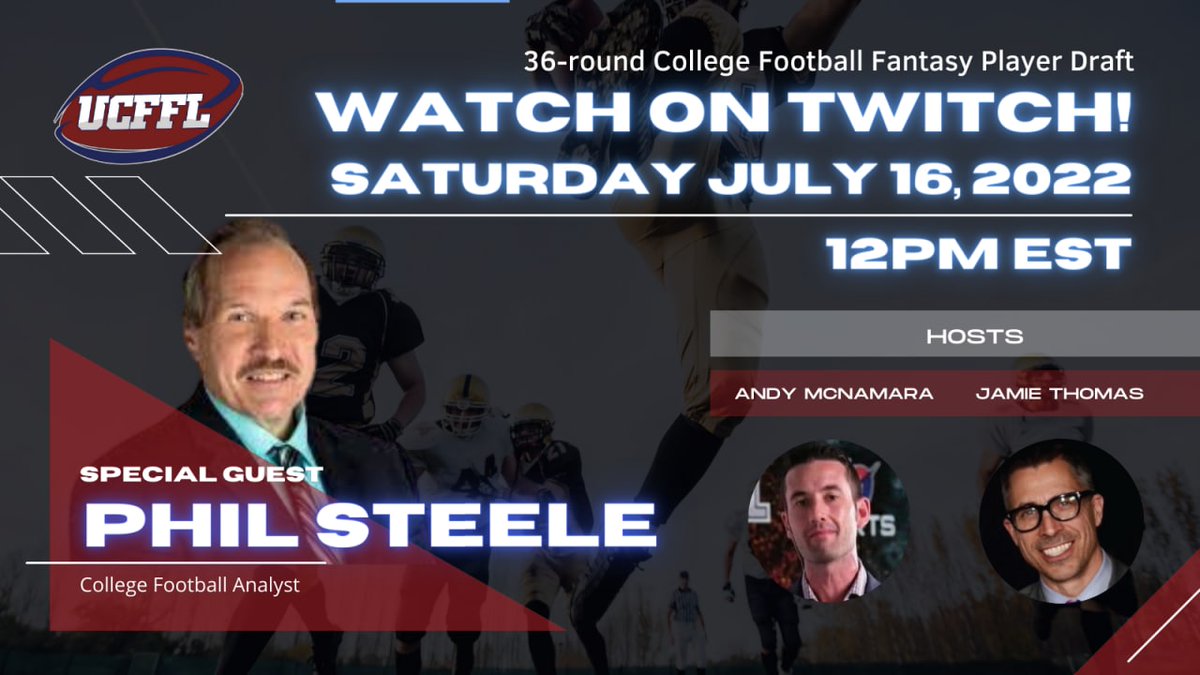 Don't miss the most intense College #FantasyFootball Draft ever!

📺 Saturday Live on <a href="/Twitch/">Twitch</a> at 12pm ET twitch.tv/ultimatefantas…

🏈 Join Me &amp; <a href="/JamieThomasTV/">Jamie Thomas</a> plus special guest #CollegeFootball analyst <a href="/philsteele042/">Phil Steele</a> 

It's <a href="/TheUCFFL/">Ultimate College Fantasy Football League</a> 36-round player draft!