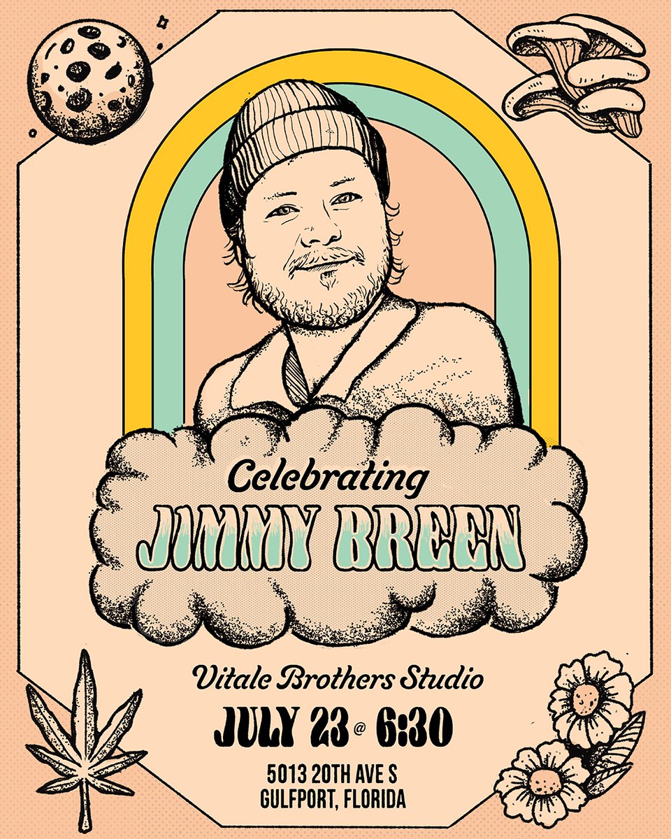 All are welcome on SATURDAY July 23rd at 6:30pm, at the Vitale Brothers Studio in Gulfport, to celebrate the life, art, and generosity of Jimmy Breen. 🖤
.
In lieu of our own event this month, we are attending this community celebration for <a href="/JimmyBreen/">Jim Green</a>, hosted by his family.