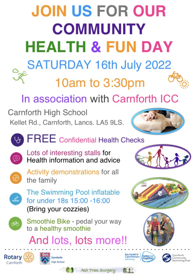 🚨TOMORROW (Sat 16th July)
Carnforth Community Health and Fun Day
🕙 10am-3:30pm
📍Carnforth High School Sports Hall
🆓 Entry is free along including free activity demonstrations
ℹ️ Stallholders offering a wide range of advice &amp; information about local support.
See you tomorrow!