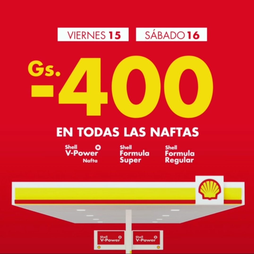 PromoCombusPY's tweet photo. Hoy viernes y mañana sábado tenés 400 Gs menos en Naftas de las estaciones adheridas de Shell.

Fuente y más info en Shell.

#PromoCombusPY #combustible #promocionespy #Paraguay #Asunción #Asuncion #cde #ciudaddeleste #encarnacion #encarnacionpy #villarrica #shellparaguay #shell https://t.co/RDVh7T22Ff