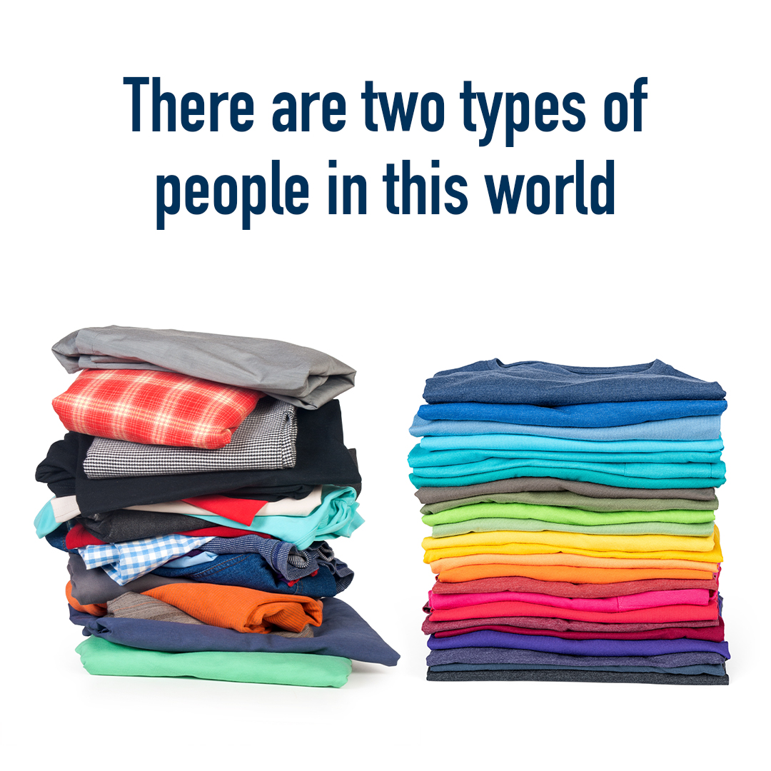 Purex's tweet image. We aren’t finger pointing, but it’s true. 

Which one are you?! 

#TwoTypesOfPeople #Organized #FoldClothes #LaundryDay #BrightClean #LaundryDayRoutine #Purexlaundrydetergent
