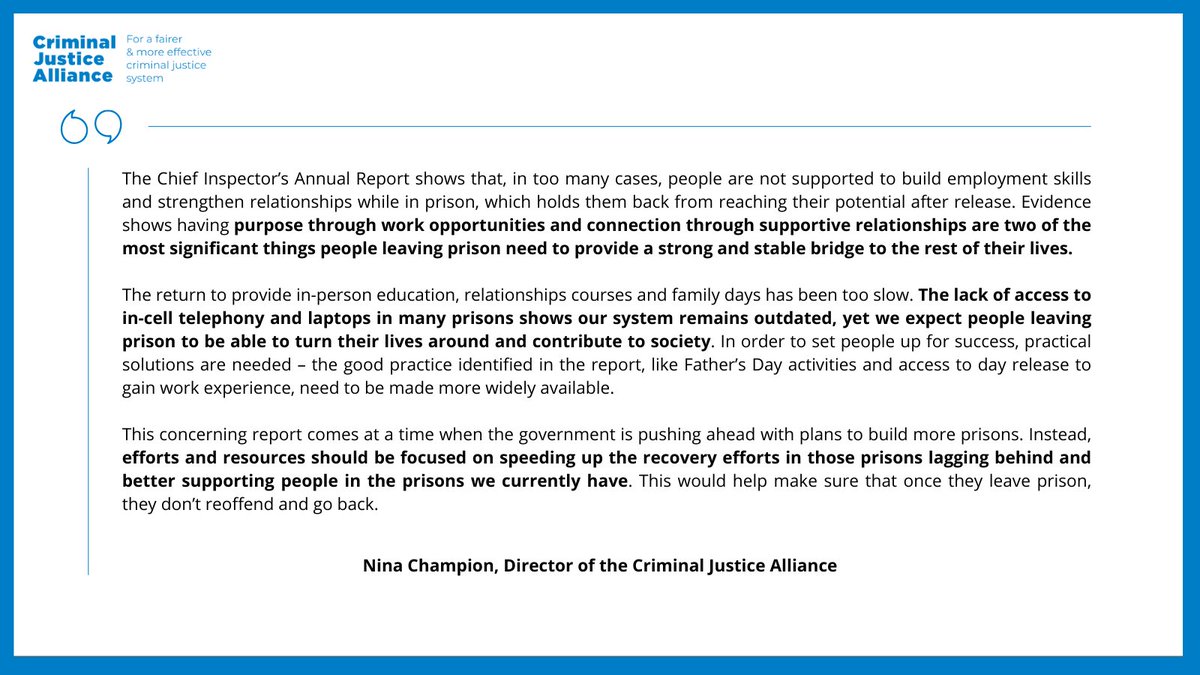 cjalliance's tweet photo. Our Director @ninachampioncja responds to the @hmiprisonsnews @charlie_taylor6 Annual Report, urging @mojgovuk and @hmpps to provide purpose through work opportunities and connection through family relationships for a #PersonCentredCJS 🤝 https://t.co/vxsSNWnZfX