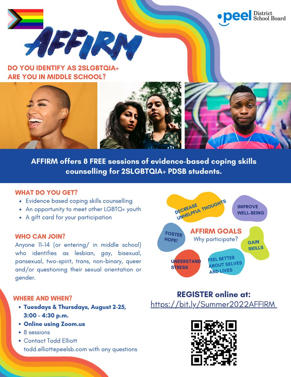 "Are you in middle school? Are you a member of the 2SLGBTQIA+ community and need support? Join us Tuesdays and Thursdays from August 2-25 for free counselling sessions. Come meet other #2SLGBTQIA+ youth and get a gift card for participating. Register at bit.ly/Summer2022AFFI…"