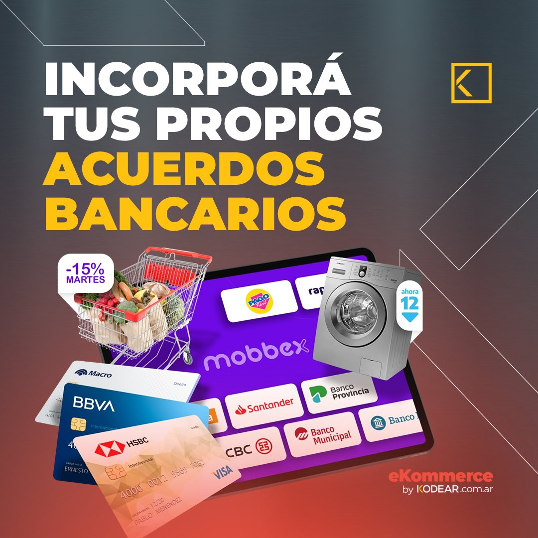 KODEAR_dev's tweet photo. ¡Integrá métodos de pago propios en tu Ecommerce by KODEAR! 💲💳 
Habilitá tu Tienda Online para pagos con tarjeta, rapipago y Pagofácil con #Mobbex 

✔️Incorporá tu propios acuerdos bancarios.
✔️Cobrá con tarjetas de débito y crédito. https://t.co/WOn463xB2q