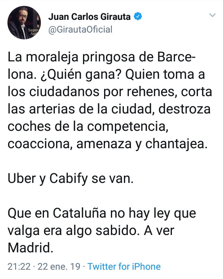Hola, @GirautaOficial ¿Por qué has borrado todos los tuits apoyando a la mafia de Uber y criminalizando a los taxistas?