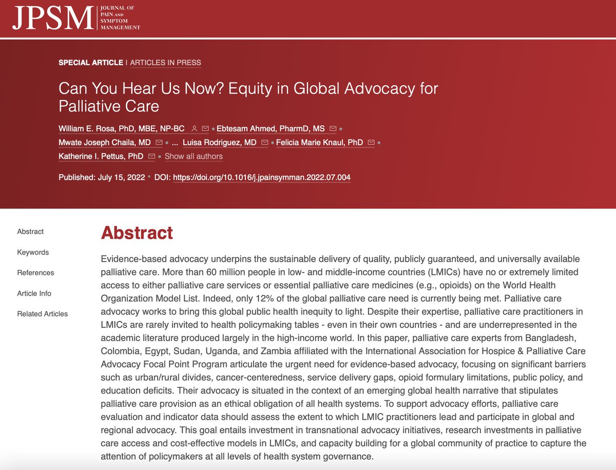 ‼️New article in <a href="/JPSMjournal/">Journal of Pain and Symptom Management (JPSM)</a> with a global team of <a href="/IAHPC/">IAHPC</a> Advocates from Bangladesh, Colombia, Egypt, Sudan, Uganda, &amp; Zambia. All hands on deck needed to ensure universal #PalliativeCare access worldwide. Can you hear us now? jpsmjournal.com/article/S0885-…