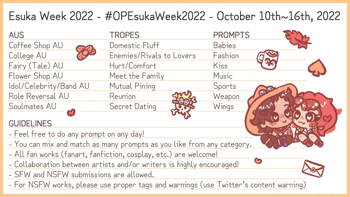 acexisuka's tweet photo. For the 2nd year anniversary of Esuka Day, we are hosting #OPEsukaWeek2022!
From Oct 10th to 16th, we will be celebrating the ship of #AceIsuka!
More info below โ https://t.co/vhF9wmLi0O