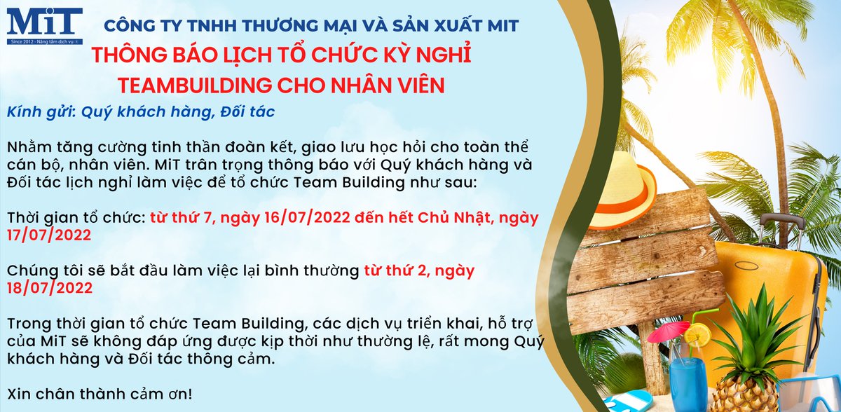 mitgroupvn_com's tweet photo. 🔔🔔🔔 THÔNG BÁO LỊCH TỔ CHỨC KỲ NGHỈ TEAMBUILDING CHO NHÂN VIÊN 🔔🔔🔔

#mitgroupvn #mitgroup #teambuilding #team #Building https://t.co/bylxAhiO1J