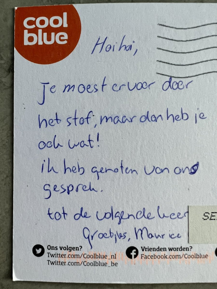 Bij het ophalen van Dusty (onze nieuwe robot stofzuiger) stelde ik Maurice, de <a href="/CoolblueNL/">Coolblue Nederland</a> medewerker in Arnhem, bloot aan mijn humor en uiteindelijk heeft dat geleid tot dit kaartje. Super om te ontvangen en ook super blij met #coolblue, haar service en haar medewerkers!