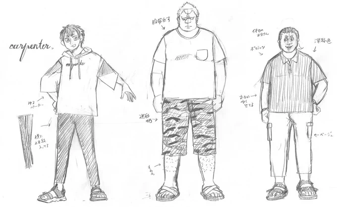 4話の大工の「いぬがぶち」土工の「ごうど」「みえじ」の私服です。
「みえじ」は最近お腹が出てきたのが気になるようです。
#てるてる建設 