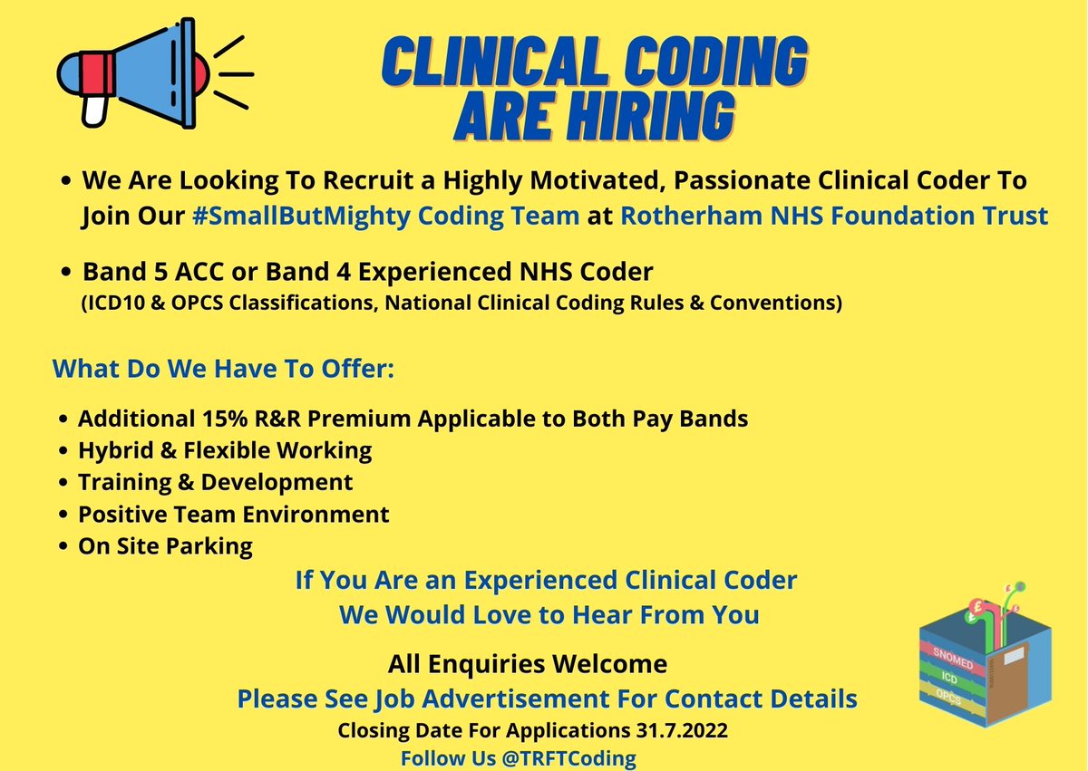 TRFT Clinical Coding Team (@trftcoding) on Twitter photo If you are an experienced Clinical Coder looking for a new opportunity we would love to hear from you βοΈπ₯οΈπ§β¨ <a href="/RotherhamNHS_FT/">The Rotherham NHS FT</a> <a href="/RotherhamNHS_HI/">HealthInformaticsRFT π</a> <a href="/LSimpsonCoding/">LisaSimpsonCoding</a> <a href="/LaurenSaxCoding/">LaurenSaxtonCoding</a>
jobs.nhs.uk/xi/direct_applβ¦ If you are an experienced Clinical Coder looking for a new opportunity we would love to hear from you βοΈπ₯οΈπ§β¨ <a href="/RotherhamNHS_FT/">The Rotherham NHS FT</a> <a href="/RotherhamNHS_HI/">HealthInformaticsRFT π</a> <a href="/LSimpsonCoding/">LisaSimpsonCoding</a> <a href="/LaurenSaxCoding/">LaurenSaxtonCoding</a>
jobs.nhs.uk/xi/direct_applβ¦