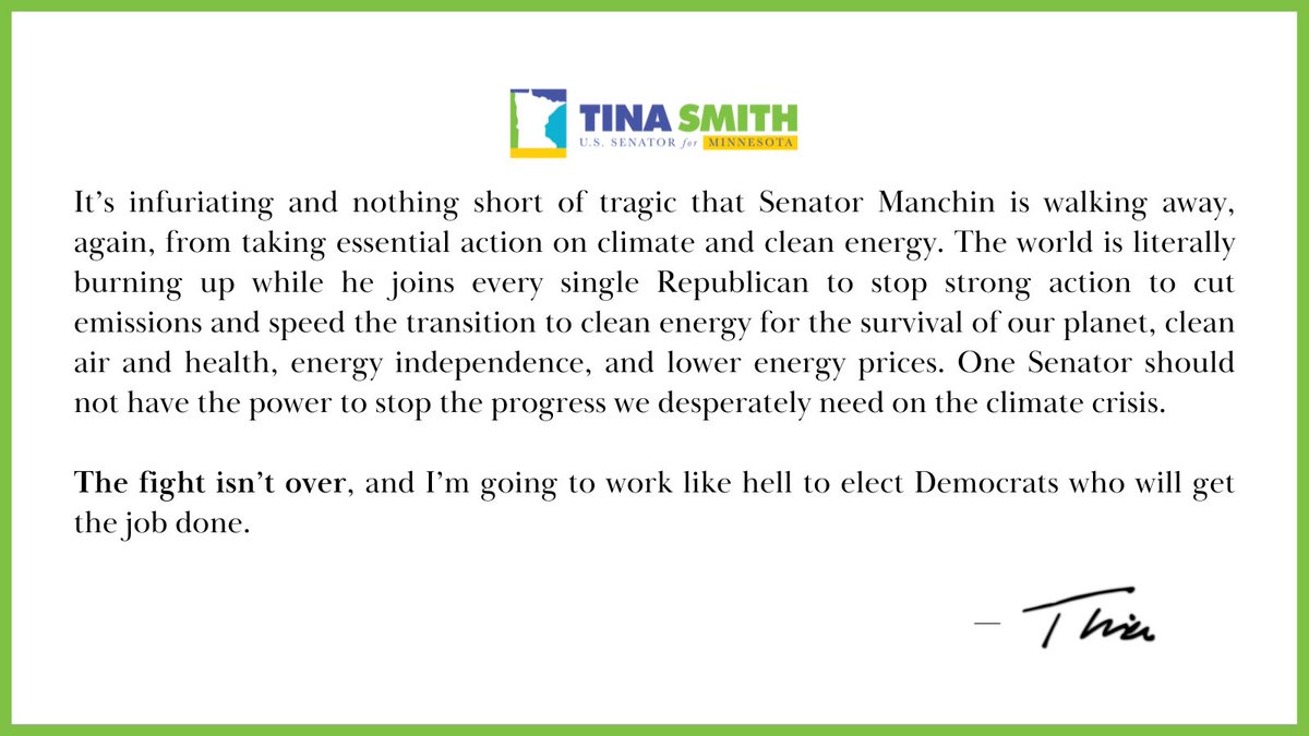My statement on Manchin's climate change reversal.