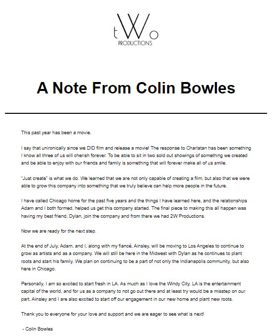 twoWproduction's tweet photo. A note from Colin https://t.co/bPbjQVsi31