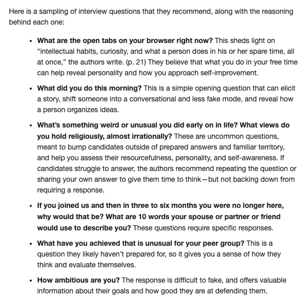 betterwphoebe's tweet image. For example, these are some of the interview questions they recommend.

Think about how an introvert, a person with a chronic condition, a mother, a caregiver, or a queer person would feel when hit with questions like these?