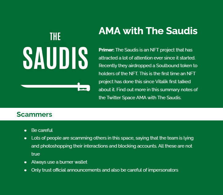 Today we'll be sharing the summary notes of the Twitter Spaces AMA with <a href="/TheSaudisNFT/">The Saudis 🇸🇦</a>. They are all over the space recently with the #MAXBIDDING slogan. 

Recently they airdropped a Soulbound token to holders of the NFT. Find out what that is about and more in the notes 👇