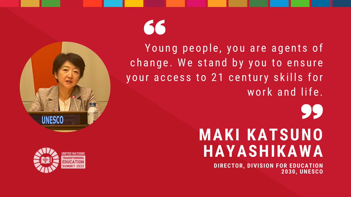 <a href="/MakiHK2011/">Maki Hayashikawa</a> <a href="/UNESCO/">UNESCO 🏛️ #Education #Sciences #Culture 🇺🇳</a>’s <a href="/Education2030UN/">Education 2030</a> Director speaks on 👏 World Youth Skills Day
🗣 Add your voice on skills for #TransformingEducation at the next youth declaration consultation:
…educationsummit.sdg4education2030.org/YouthDeclarati… #WYSD #WYSD2022