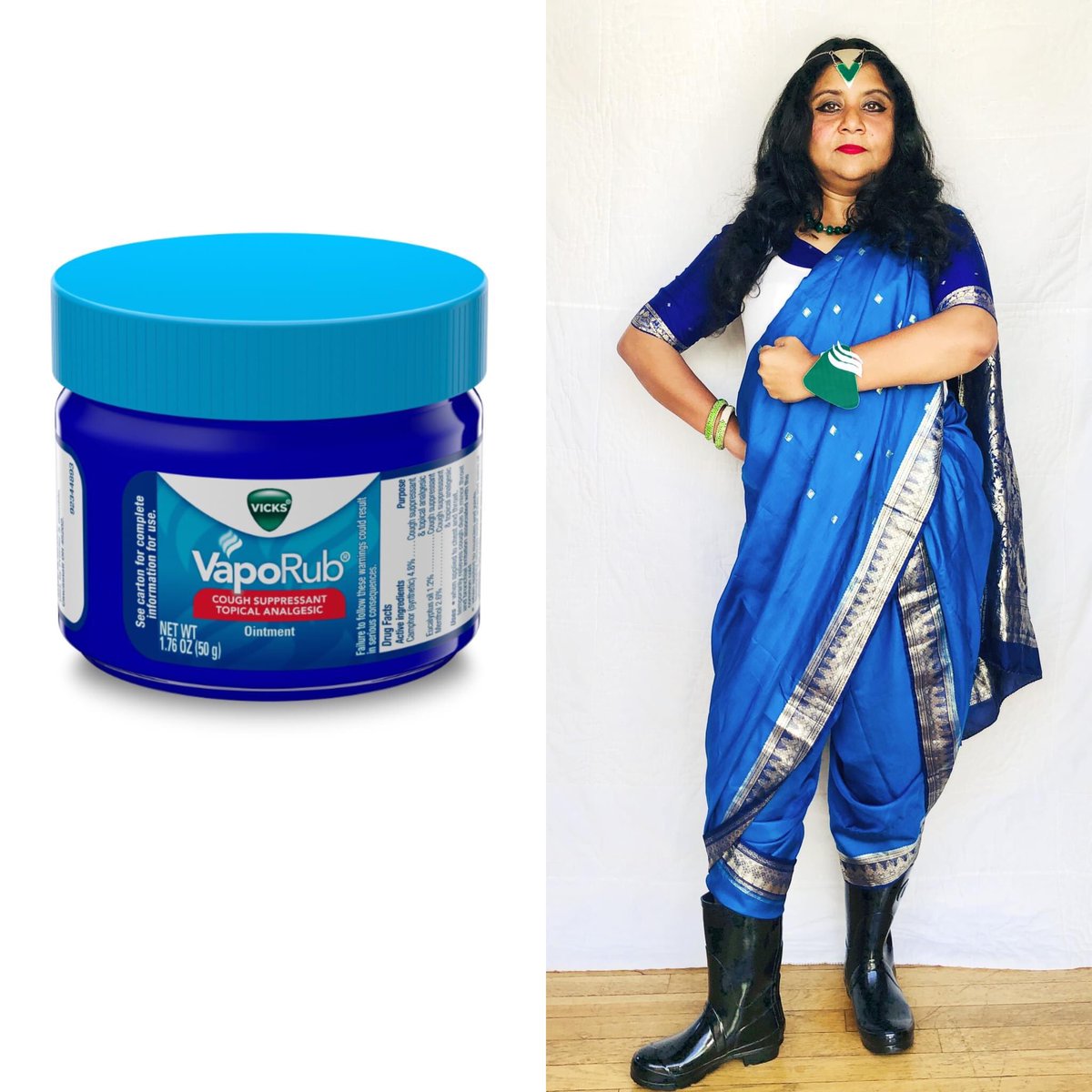 berkeleywali's tweet photo. The marvel of #Vicks!
This trusty defender against stuffy noses got me through #COVID.
I'm ready for a #superhero in a #sari! Maybe #MsMarvel will wear one when she gets older?
#unfaithfulrecreations #objectdresschallenge #southasianartist #gettymuseumchallenge #desiartist https://t.co/xoJZx5NyDE