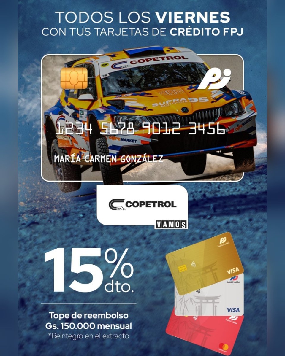 PromoCombusPY's tweet photo. Hoy viernes, ten��s 15% de descuento con las TC de la Financiera Paraguayo Japonesa en las estaciones de Copetrol.

Fuente y más info en @Copetrol_Py

#PromoCombusPY #combustible #promocionespy #Paraguay #Asunción #cde #ciudaddeleste #copetrol #financieraparaguayojaponesa https://t.co/WtWuOfkaDc