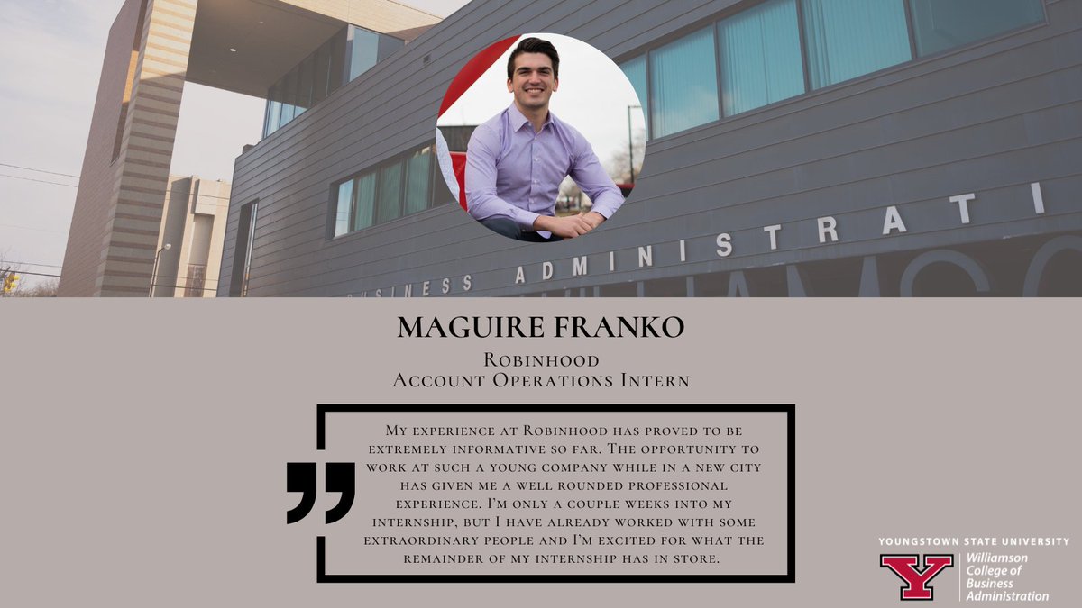 Next up for our Internship Spotlight is Maguire Franko! Our SGA Executive Vice President has spent his summer with Robinhood as an Account Operations Intern. Best of luck, Maguire!