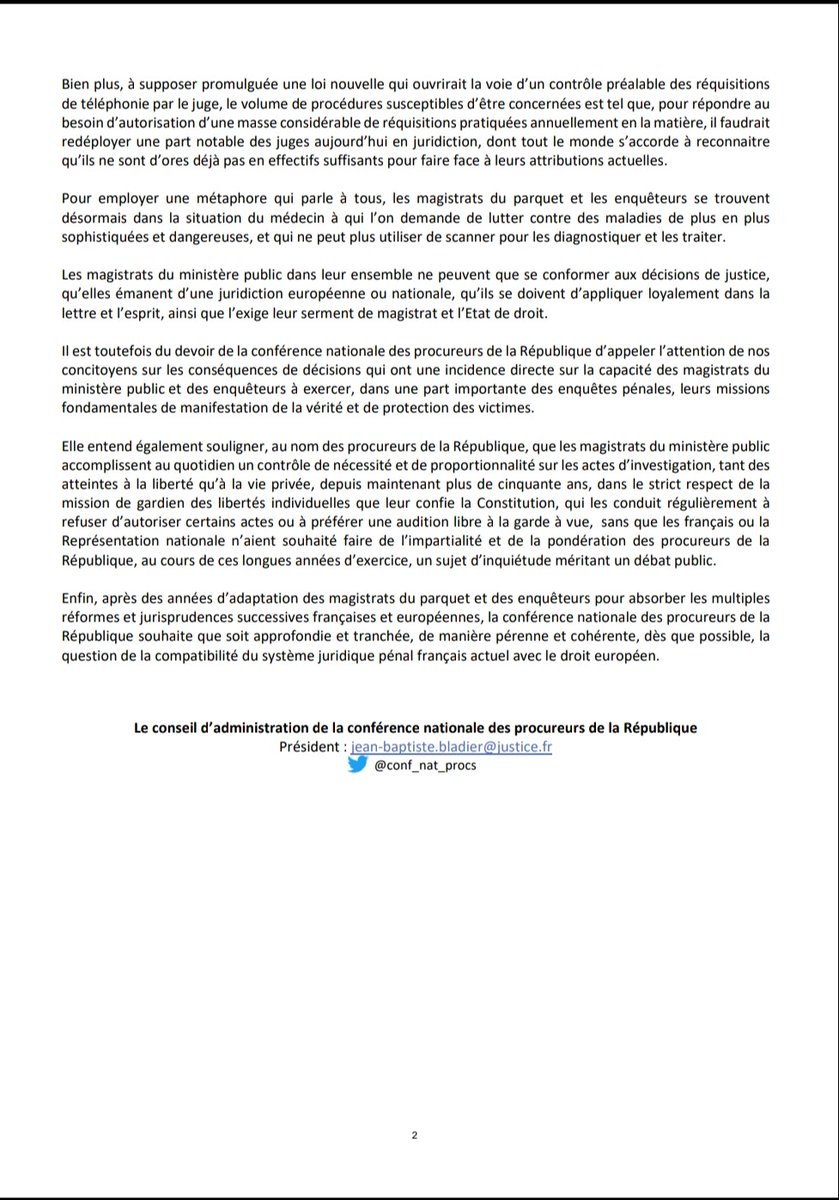 conf_nat_procs's tweet image. Communiqué de presse du conseil d'administration de la @conf_nat_procs consacré aux conséquences des arrêts de la Cour de cassation du 12 juillet 2022 relatifs aux données de connexion.