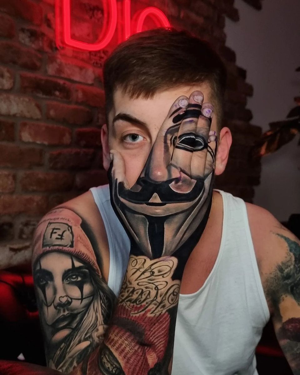 Killer #Anonymous hand tattoo from Dean Gunther using #killerinktattoo  supplies! #killerink #tattoo #tattoos #bodyart #ink #tattooartist  #tattooink #tattooart #anonymoustattoo, image size:960x1200