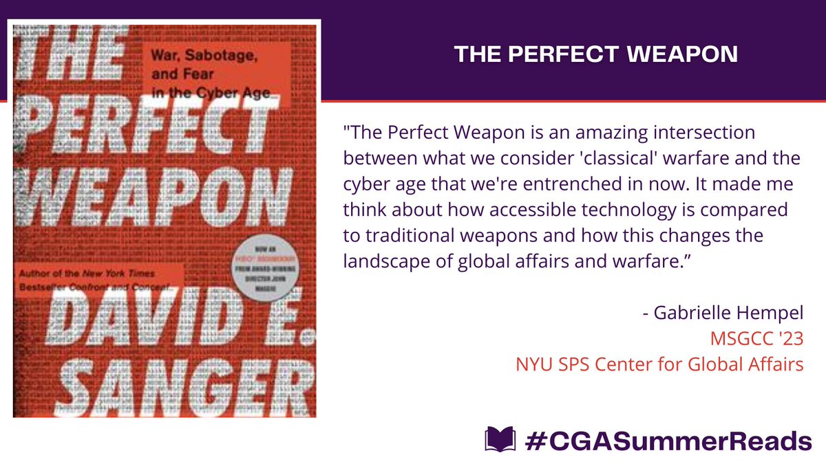 NYUCGA's tweet photo. Check out this week’s #CGASummerReads recommendation by Gabriel Hempel (@gabsmashh) (MSGCC ‘23) --“The Perfect Weapon” by David E. Sanger (@SangerNYT).
#ThePerfectWeapon #Warfare #Cyber #Technology https://t.co/8O0Zt4mm8j