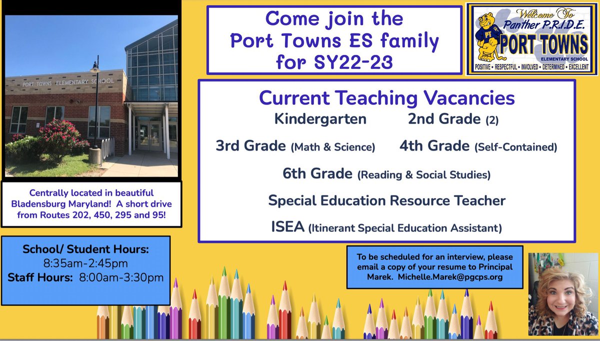 SamTeaches1st's tweet photo. If you are looking for a school home, join us @PortTownsES !!! See current vacancies on flyer! https://t.co/NhuXCGXQaZ