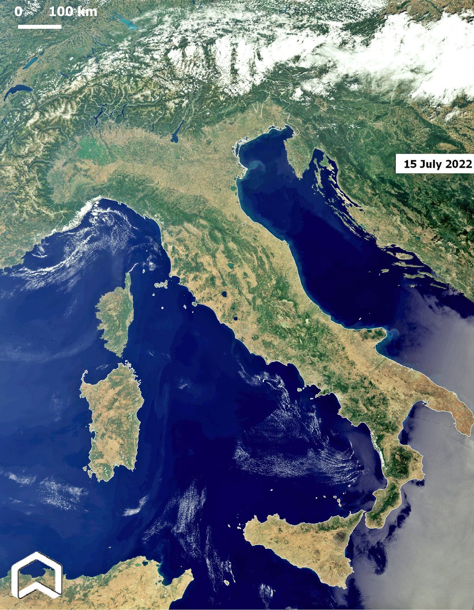 PlatformAdam's tweet photo. Drought in #Italy from space! Outstanding dryness in the cloud free #Copernicus #Sentinel3 of today, July 15th, during the new #heatwave. 
Un'impressionante arida #Italia vista dal satellite oggi, durante la seconda ondata di calore estiva. #siccità #drought
@wmo @Giulio_Firenze https://t.co/RrOpztNZcg