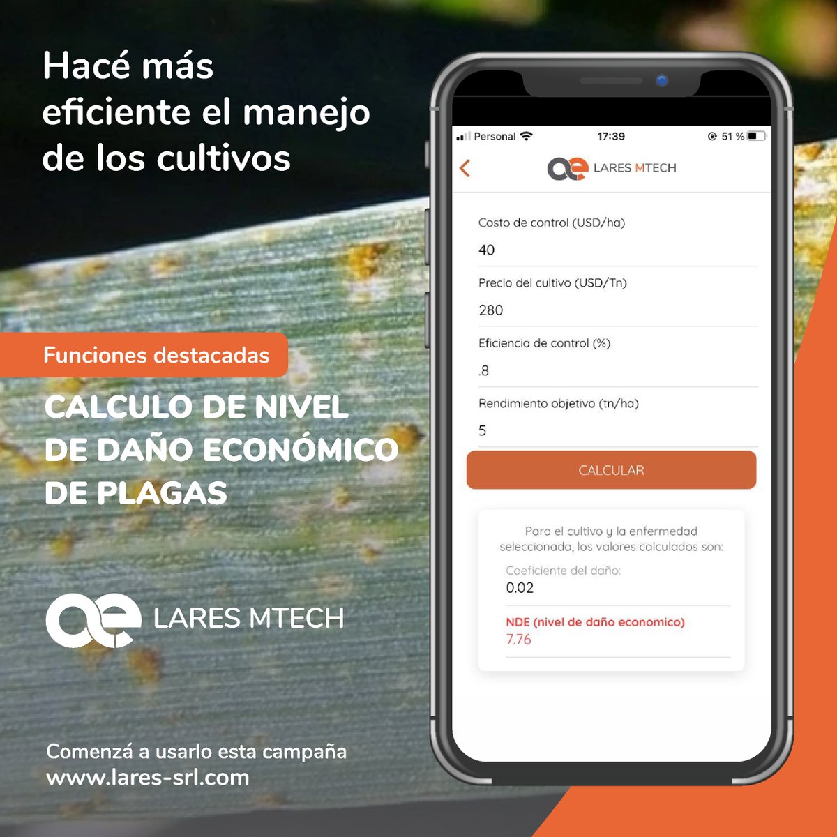 LaresSRL1's tweet photo. 📳 ¡Nuevas funciones en #LaresMtech!
🌾 💧🎯 Desde el mismo lote ahora podés actualizar el NDE de algunas plagas en función del precio del grano, el costo de intervención química y la eficiencia de control.
Conocé más 👉 https://t.co/KkRRi6f6cd
#Agtech https://t.co/la3iqbmop7