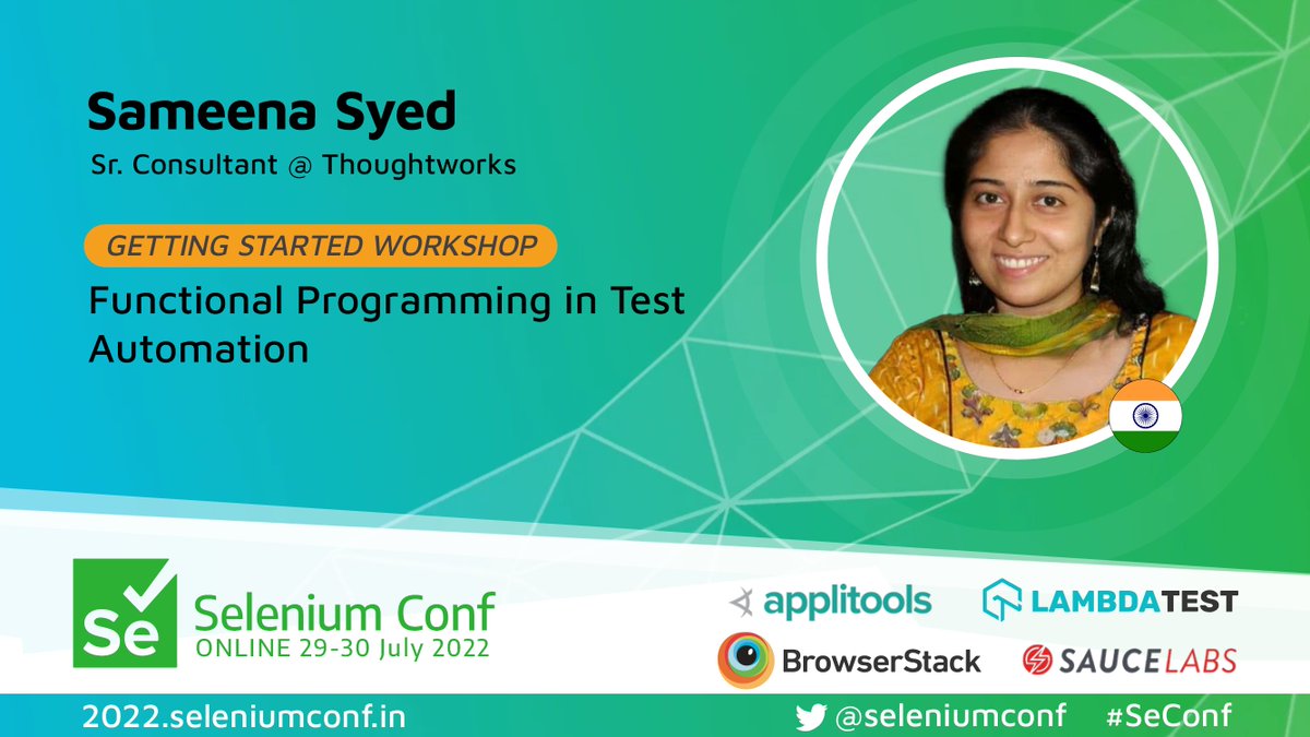 seleniumconf's tweet photo. What excites Sameena Syed about #Selenium4? "Relative locators, network interception, ability to listen to JS exceptions and console logs." Read full interview: https://t.co/uuCmUYqrwW Register for #SeConf 2022 to see her workshop.
#SoftwareTesting #TestAtScale https://t.co/7isC70dQJs
