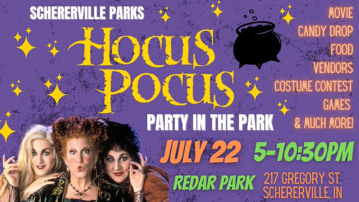 SchererParksRec's tweet photo. Our Hocus Pocus Movie in the Park night is next Friday July 22 from 5pm - 10:30pm. 

Check out the full details here: https://t.co/m5qFez9AJh

Helicopter candy drop, costume party, food vendors, games, live music, playing of the movie Hocus Pocus, and more! https://t.co/P82ljDWXR5