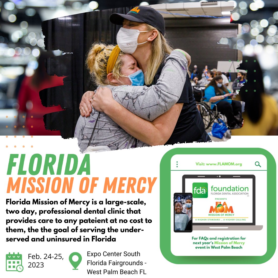 FDADental's tweet photo. Pre-register to volunteer for the 2023 Florida Mission of Mercy at https://t.co/cyIXcDAqS0. We need dental, medical and community volunteers to help make FLA-MOM successful for those searching for dental care.
#flamom #floridamissionofmercy #fdafoundation #fda #ada #dentists https://t.co/lKalBc3t7c