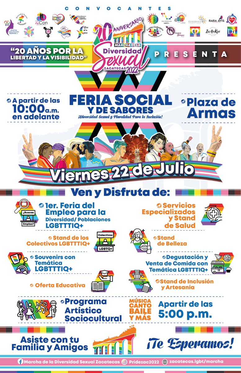 #Zacatecas reconocemos y apoyamos tus 20 Años de lucha por la libertad y la visibilidad"🏳️‍🌈🏳️‍⚧️
#20marchadeladiversidadsexualzacatecas <a href="/DiverSexZac/">Diversidad Sexual Zacatecas</a> 
👉 Viernes 22 de julio desde las 10:00 AM
#FeriaSocialydeSabores
👉 Sábado 23 de julio 6:00 PM