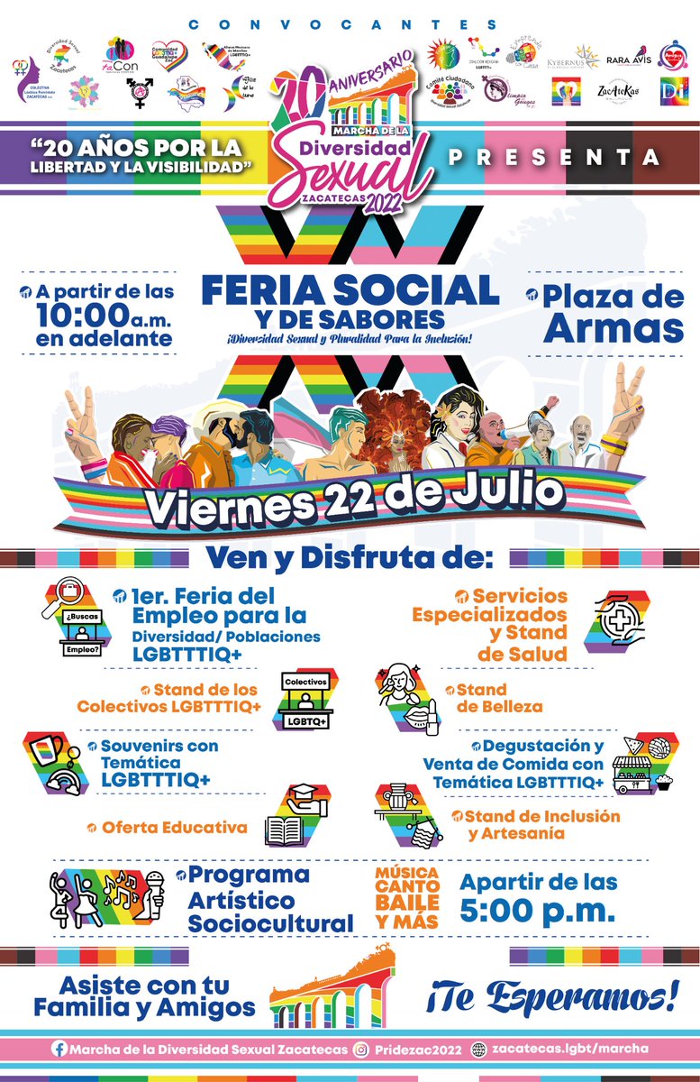 #Zacatecas reconocemos y apoyamos tus 20 Años de lucha por la libertad y la visibilidad'🏳️‍🌈🏳️‍⚧️ #20marchadeladiversidadsexualzacatecas @DiverSexZac 👉 Viernes 22 de julio desde las 10:00 AM #FeriaSocialydeSabores 👉 Sábado 23 de julio 6:00 PM