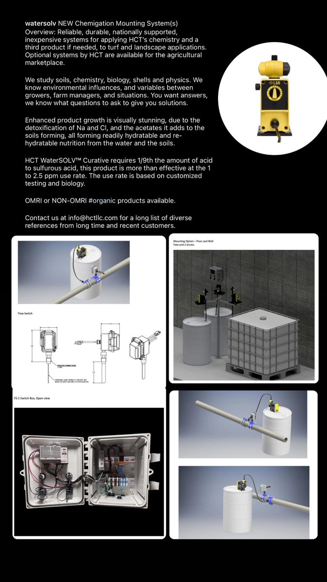 HCTSolutions's tweet photo. NEW HCT #Chemigation System(s) are reliable, durable, and cost effective application solutions for turf landscape &amp; #agriculture.
#water #watertreatment #watertreatmentsystem #hctllc #watersolv #remediation #aeration #chemicalaeration #organicchemistry https://t.co/EIDLI9kzbe