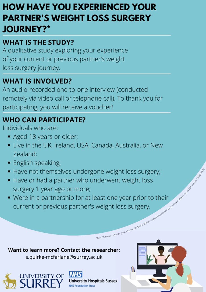 Recruitment for my 2nd PhD study has opened up to people living in the UK, Ireland, US, Canada, Australia, and New Zealand! We are interested in understanding the experiences of partners of #bariatricsurgery patients. Interested? Please complete this quiz: surreyfahs.eu.qualtrics.com/jfe/form/SV_ew…