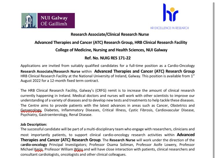 CancerUniGalway's tweet image. 📣 #JobAlert Research Associate/Nurse with ATC Group @CrfgHrb. nuigalway.ie/about-us/jobs/… #CardioOncology #PCORE #CancerNUIGalway
