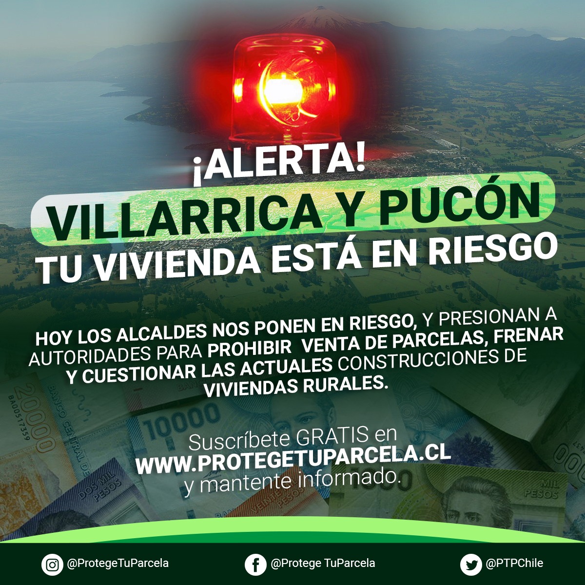 ptpchile's tweet photo. 🚨🚫ACTUALMENTE los derechos de las parcelas están siendo desconocidos por las autoridades nacionales y locales.
🔗ÚNETE A ESTA CAUSA Y SUSCRÍBETE EN EL SIGUIENTE LINK: https://t.co/pwtFSOzTc8
#pucón #villarica #alerta #protegetuparcela #regularnoprohibir #parcelaschile #ley3516 https://t.co/Uwoe42Q7Va