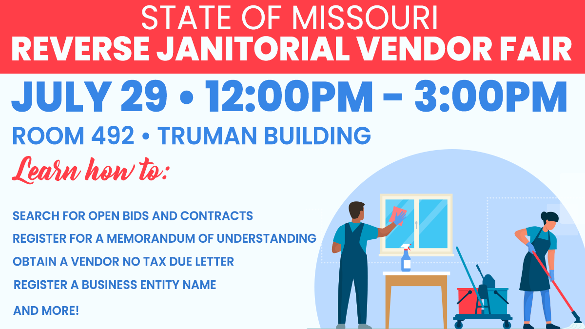 Missouri OA (@missourioa) on Twitter photo We are hosting a reverse janitorial vendor fair in #JCMO on Friday, 7/29 from 12pm-3pm. The event will provide janitorial vendors an opportunity to meet with OA-FMDC and learn about upcoming janitorial bid opportunities w/<a href="/MoGov/">State of Missouri</a>. This is a free event. No registration is required. We are hosting a reverse janitorial vendor fair in #JCMO on Friday, 7/29 from 12pm-3pm. The event will provide janitorial vendors an opportunity to meet with OA-FMDC and learn about upcoming janitorial bid opportunities w/<a href="/MoGov/">State of Missouri</a>. This is a free event. No registration is required.
