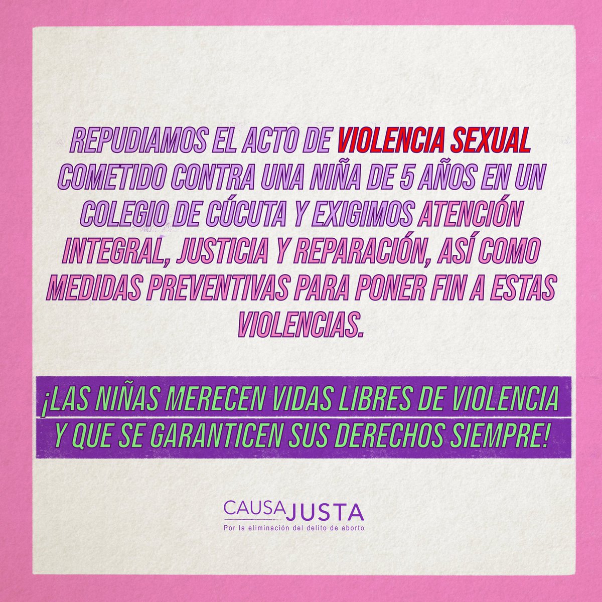 🚨 Frente a un nuevo y aterrador acto de violencia sexual contra una niña en Cúcuta, nos pronunciamos y recordamos la necesidad de seguir juntas y en pie de lucha reclamando por los derechos de las niñas #lalibertadesmicausa