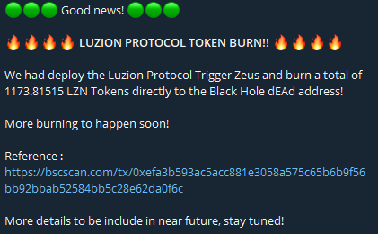 RevoluzionEco's tweet photo. 🔥 LUZION PROTOCOL TOKEN BURN!! 🔥

We had deploy the #LuzionProtocol Trigger Zeus and #burn a total of 1173.81515 $LZN Tokens directly to the Black Hole dEAd address!

More burning to happen soon!

Reference : https://t.co/LlFIk2b0P3

#BSC #Cryptocurency https://t.co/kgDJbydQ1i