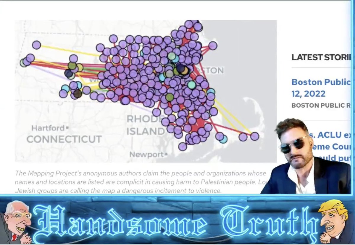 jnewsgabe's tweet photo. The Mapping Project, an initiative from left-wing groups in Massachusetts marking Jewish places that support Israel, is used by white supremacist Goyim TV in a July 13 stream. “This is super, duper, ooper important,” streamer Jon Minadeo says pointing at the map. 1/x https://t.co/Kgdb0J4yXm